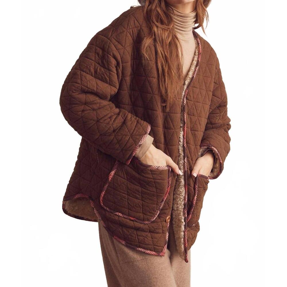 NEW AMENTE sherpa reversible coat in brown/oatmeal - Picture 7 of 9